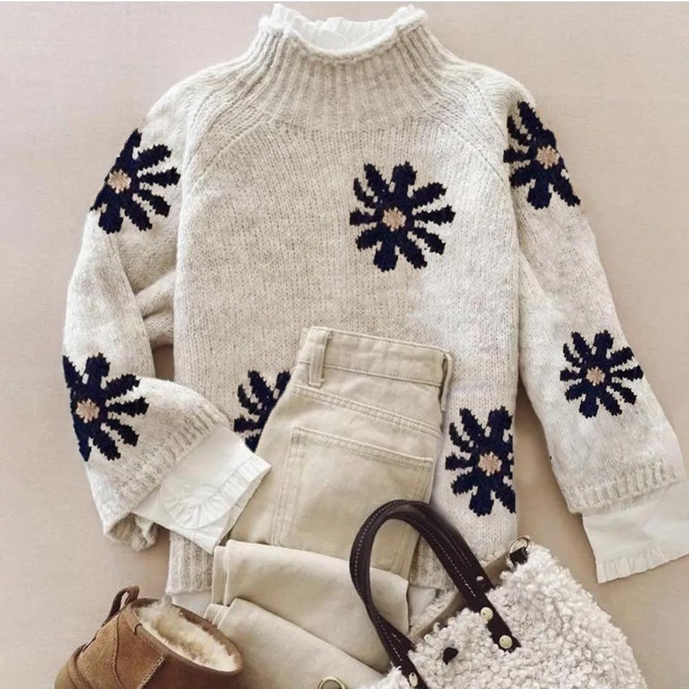 Womens Versatile Jacquard Crew-neck Knit Top