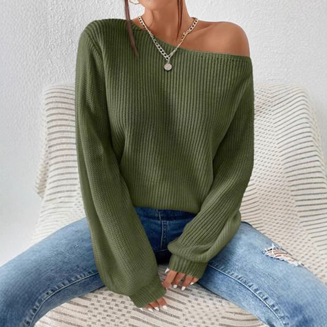 Commute Style Autumn and Winter New Personalized Off-the-shoulder Pullover Knitting Solid Color Loose Leisure All-matching Pullover Boat Neck Sweater