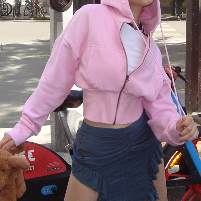 Street Style Cropped Zip-Up Hoodie