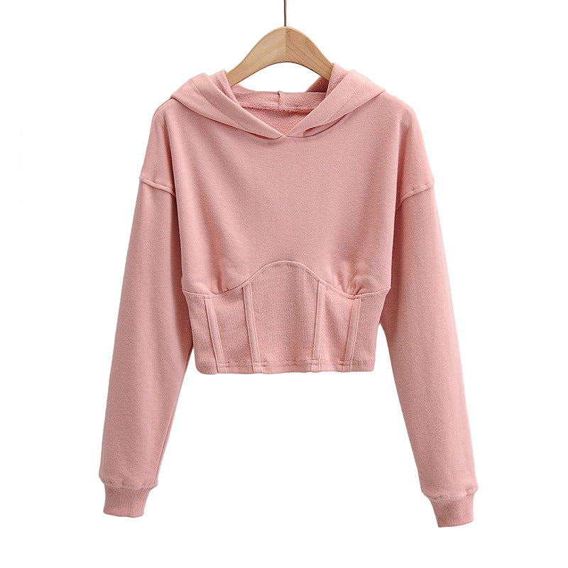 European And American Slim Fitting Navel Solid Hooded Sweater