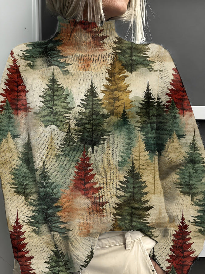 Abstract Printing Casual Cloak Turtleneck Pullover Women
