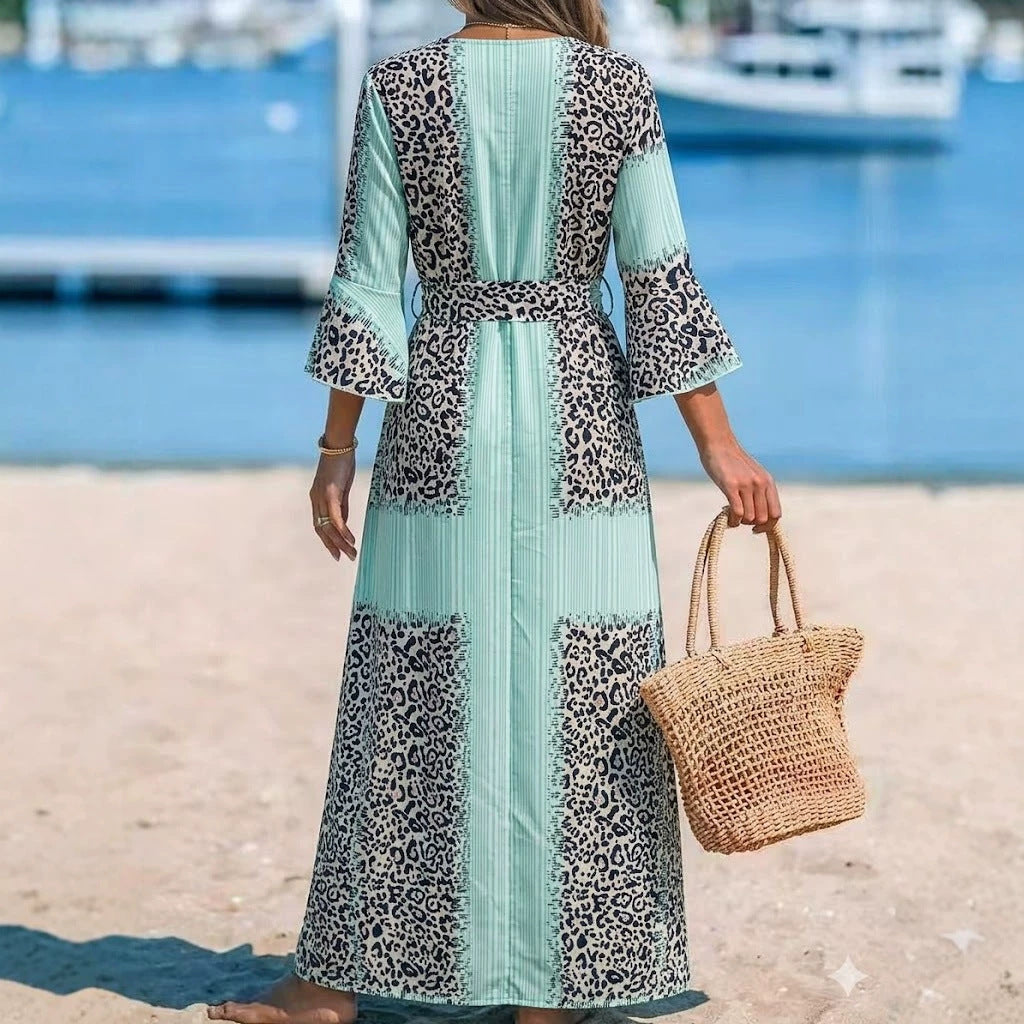 Leopard-print and Stripe Patchwork V-neck Dress for Women
