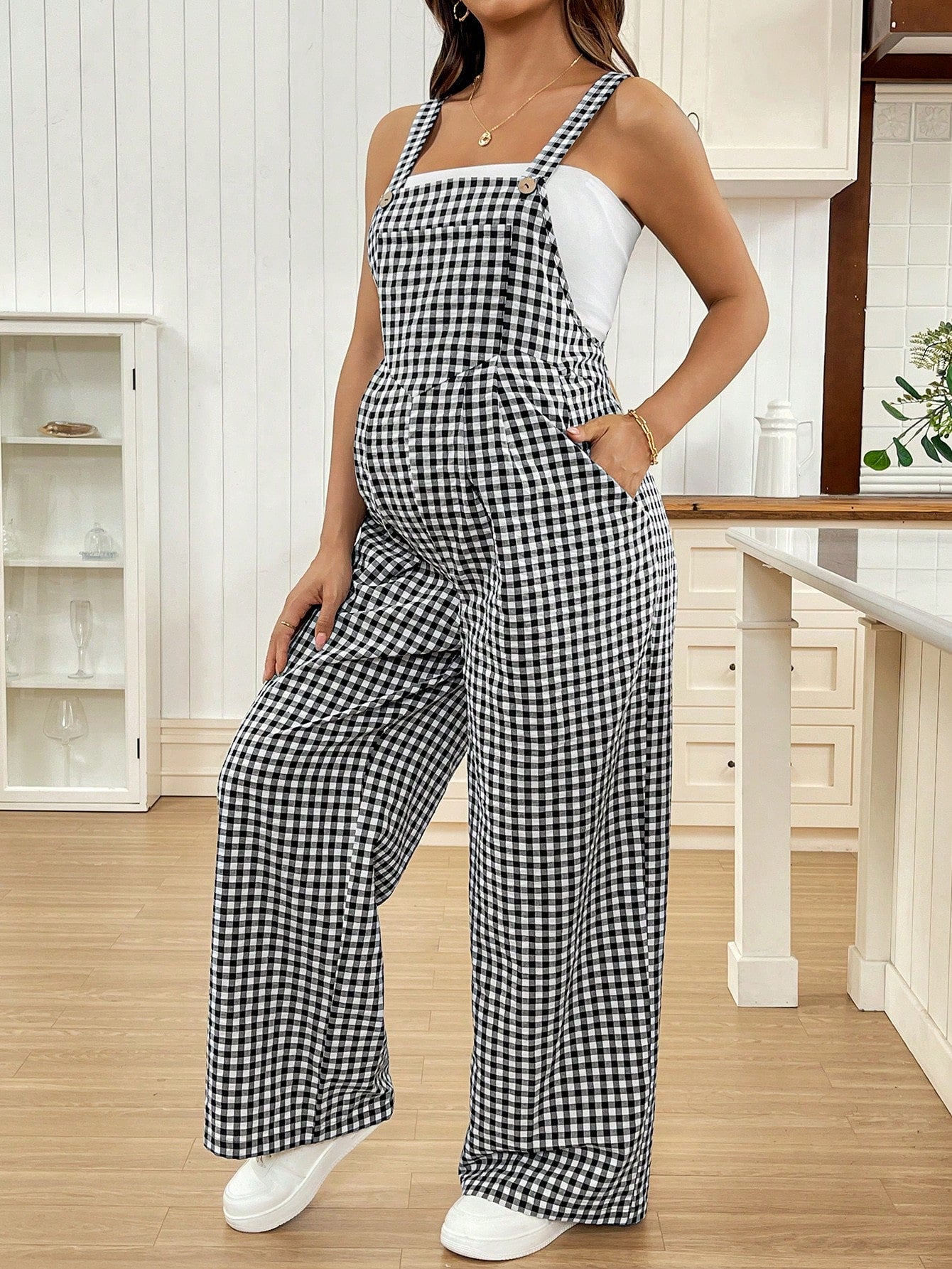 Comfy Plaid Maternity Suspender Jumpsuit for Spring & Summer