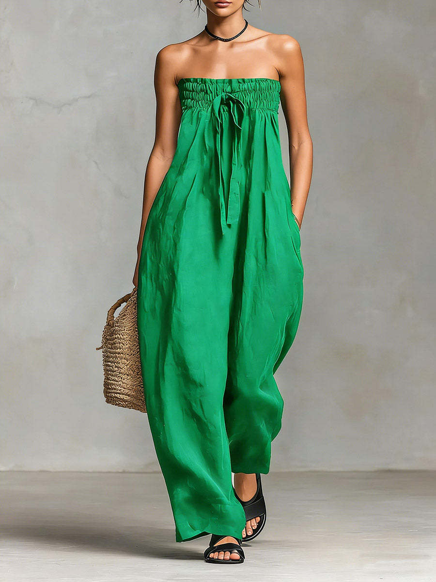 Women's Strapless Ruched Jumpsuit Summer Fashion Tie-up Loose Straight-leg Jumpsuit