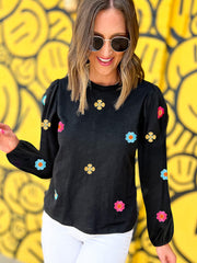 Floral Embroidered Long Sleeve Pullover Cotton Sweater