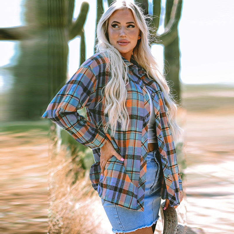 European And American Loose Casual Style Single Row Multi-buckle Plaid Shirt For Women