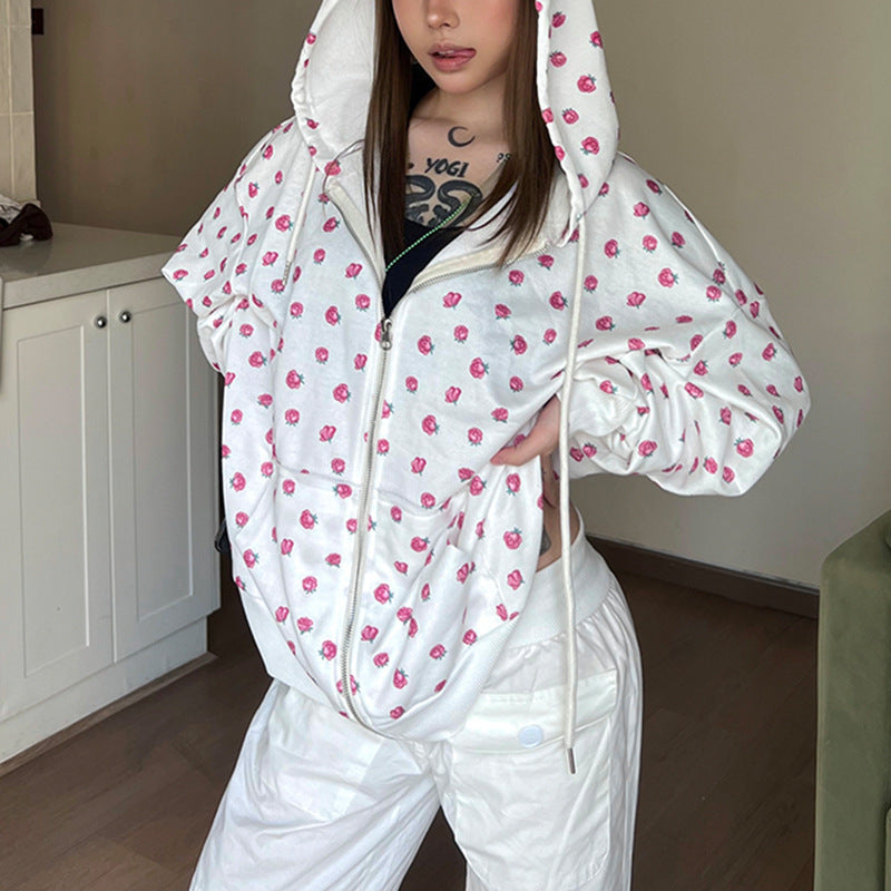 Sweet Rose Print Zip-Up Hoodie