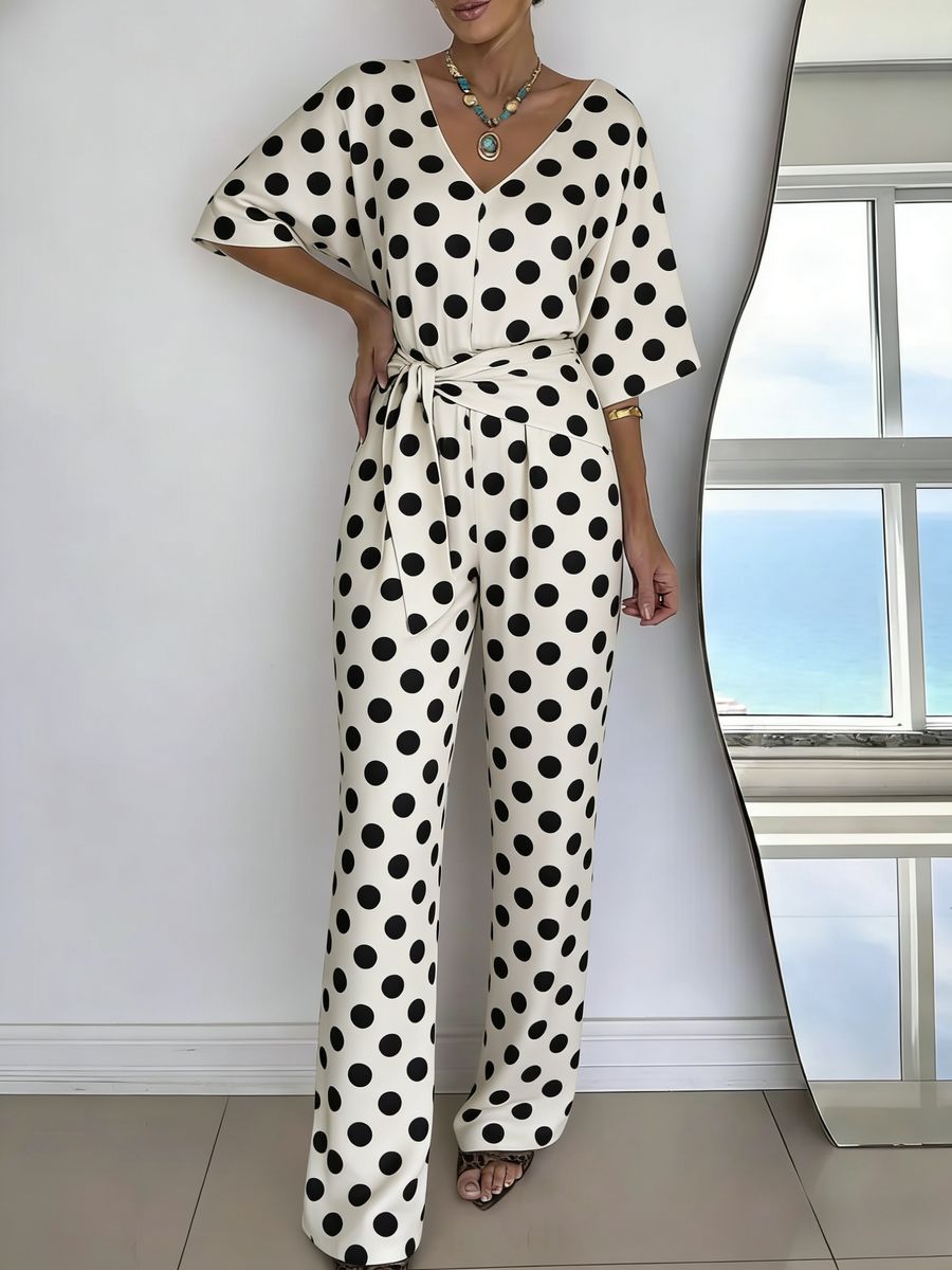 Womens V-neck Casual Mid-length Sleeve Belted Jumpsuit