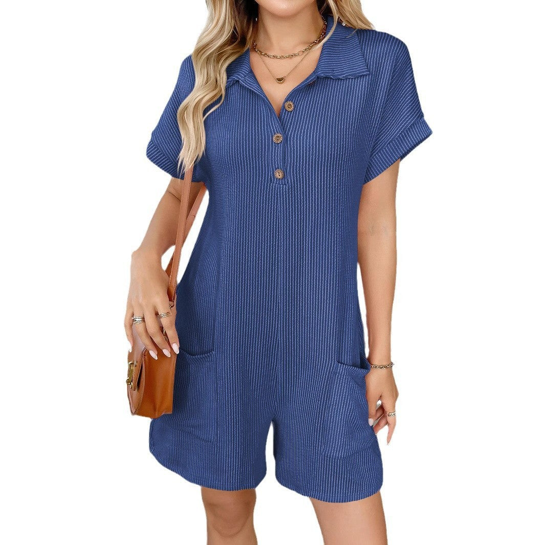 Turn-down Collar Buttoned Loose-fit Pocketed Short-sleeve Jumpsuit