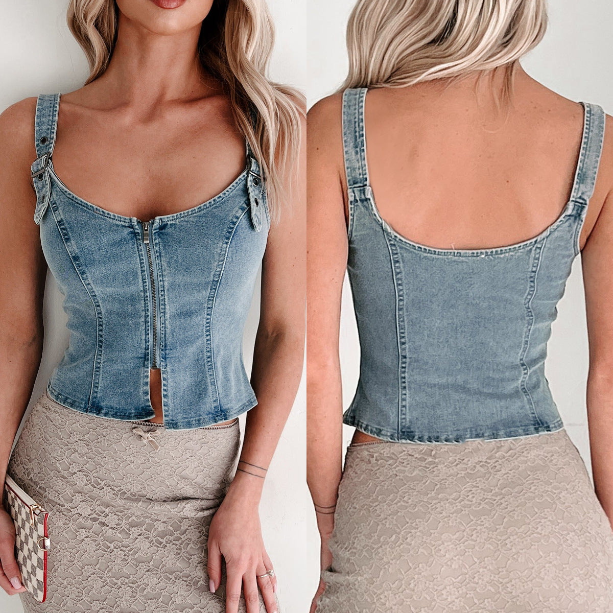 Slim-Fit Denim Cowboy Cardigan Top – Sleeveless, Zipper Detail, Blue