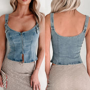 Slim-Fit Denim Cowboy Cardigan Top – Sleeveless, Zipper Detail, Blue