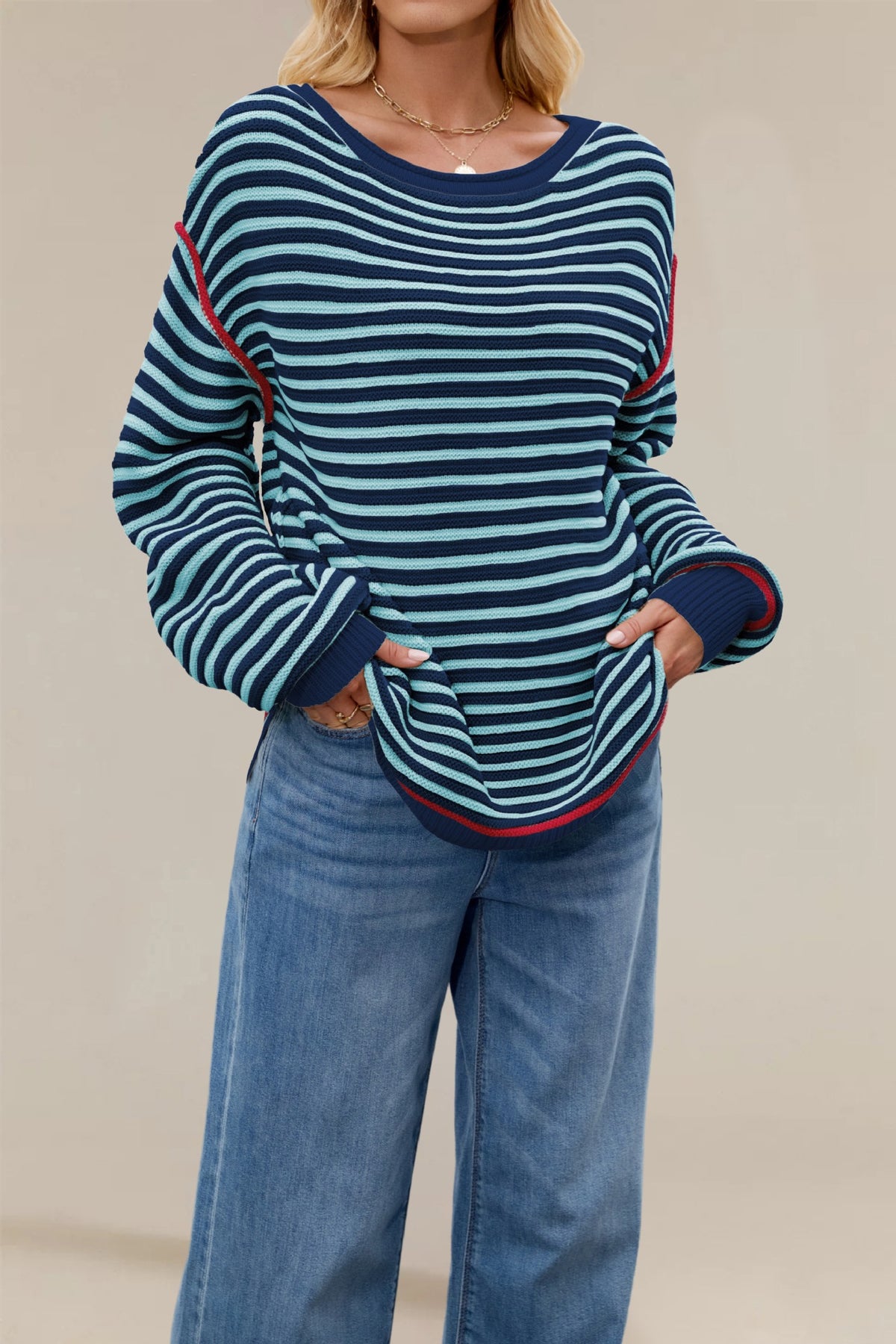 Women's Striped Knitted Round Neck Pullover Loose-fitting Long Sleeves Sweater