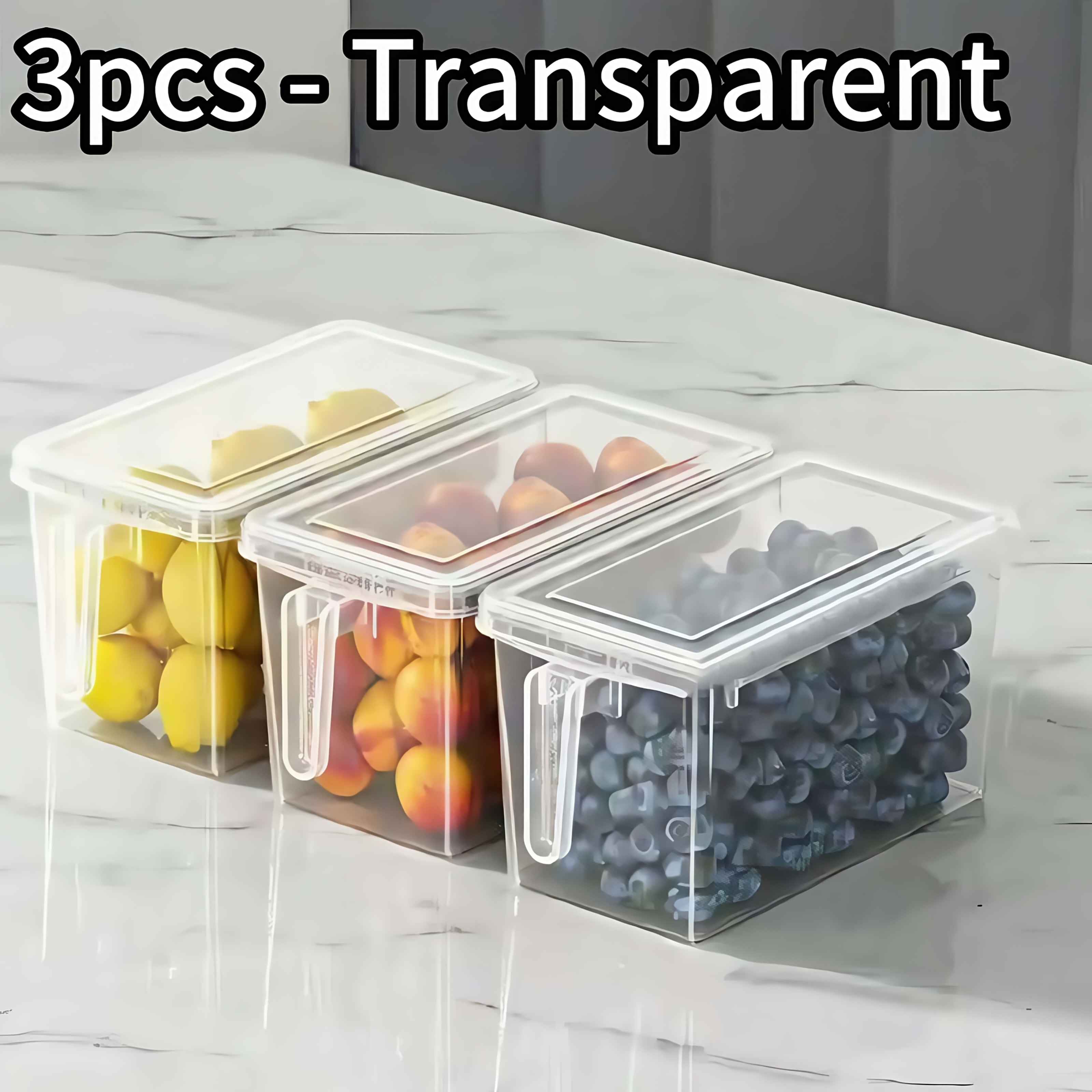 Set of 3 Plastic Refrigerator Storage Bins with Handles – Durable, Clear, Ideal for Vegetables, Fruits, Grains, Meats, and Beverages