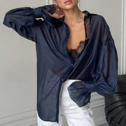Sheer Long-sleeve Shirt Womens Fashion Elegant Casual