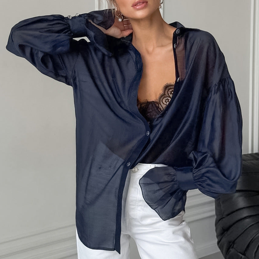 Sheer Long-sleeve Shirt Womens Fashion Elegant Casual