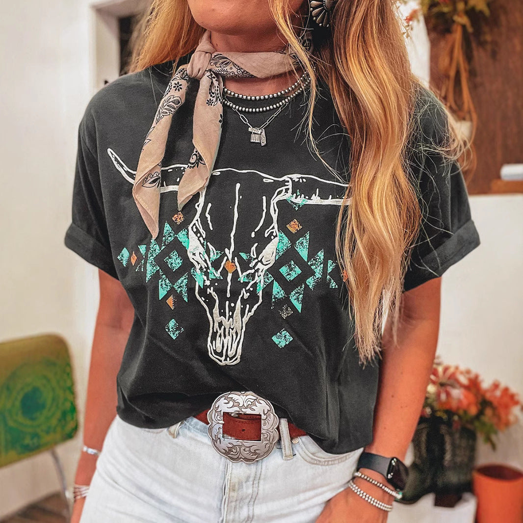 Retro Western Print Loose T-Shirt – Casual Japan‑Korea Style