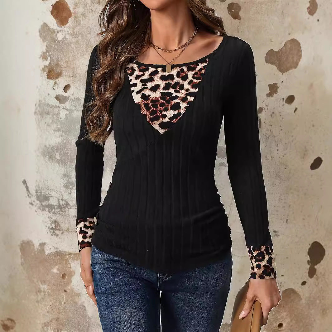 Chic Leopard Splicing Casual Knit Sweater