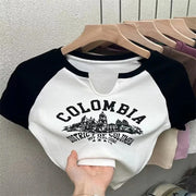 Slim-Fit Letter Print Tee – Casual Color‑Match Short Sleeve Top