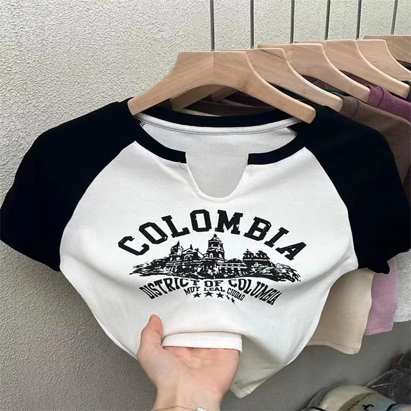 Slim-Fit Letter Print Tee – Casual Color‑Match Short Sleeve Top