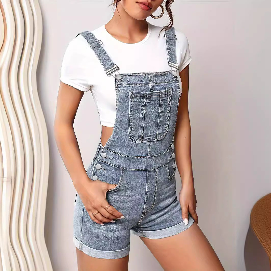 Stretchy Slim-Fit Denim Overalls with Adjustable Straps