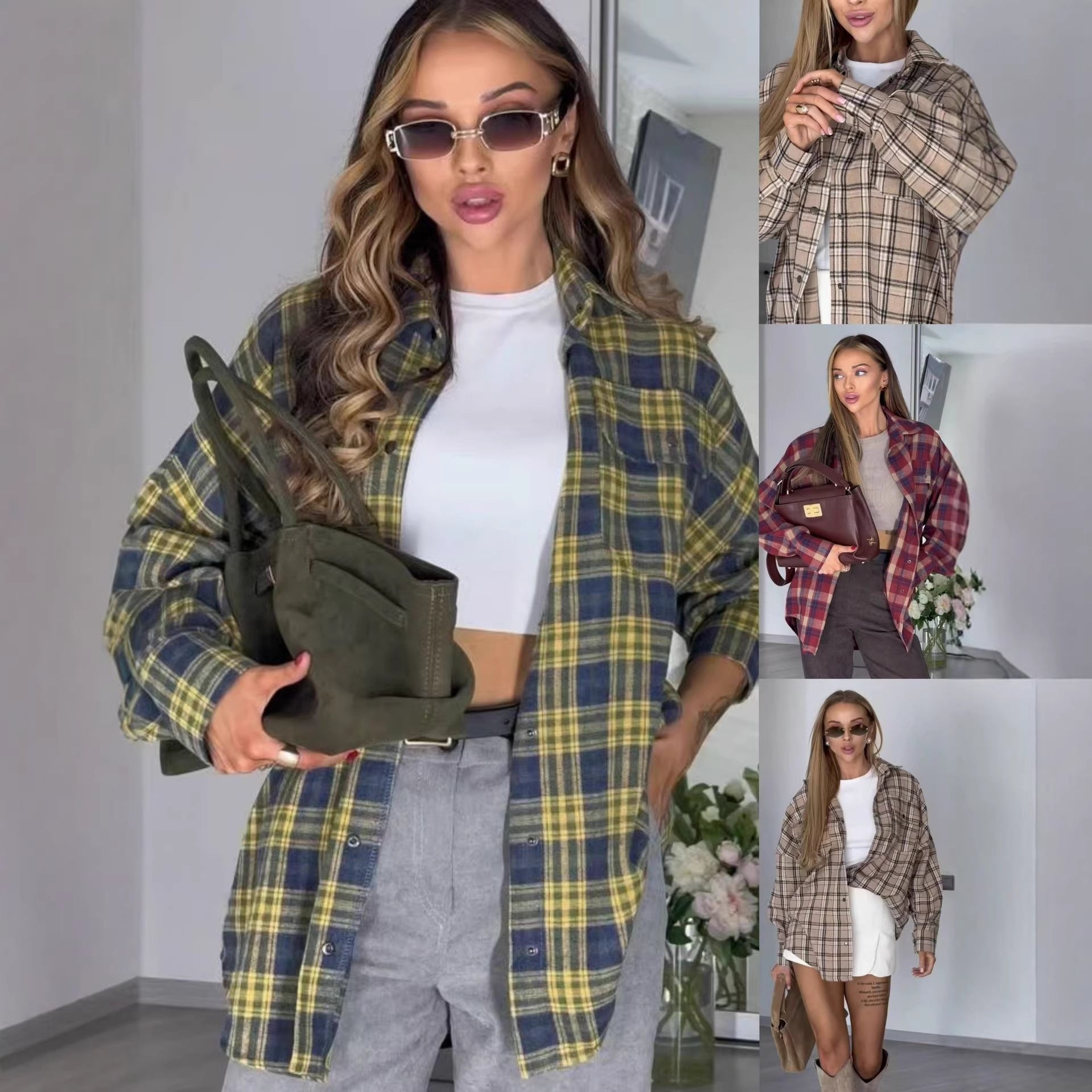 Plaid-striped Long-sleeve Womens Blouse In A Retro, Relaxed Fit
