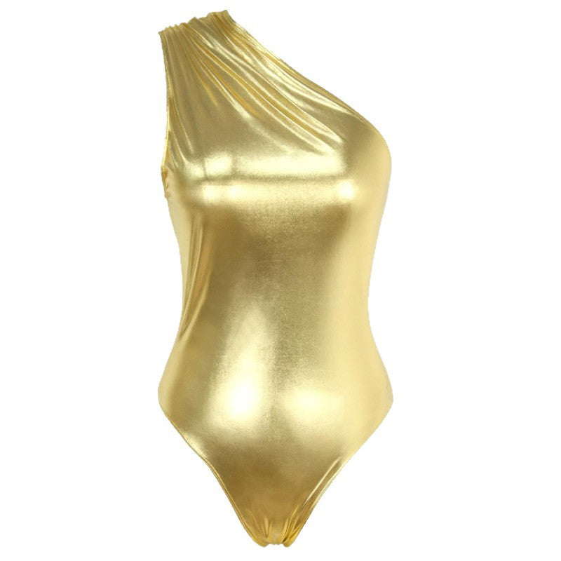 Women's Retro Metallic One-Shoulder Party Jumpsuit