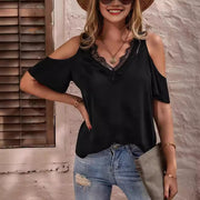 V‑Neck Off‑Shoulder Lace Top – Flirty Short‑Sleeve T‑Shirt