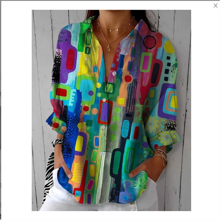 Women's 3D Digital Printing Fashion European And American Style Lapel Long Sleeve Shirt