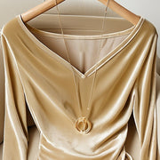 Top Champagne V-neck Long Sleeve Pleuche Pleated Female Winter
