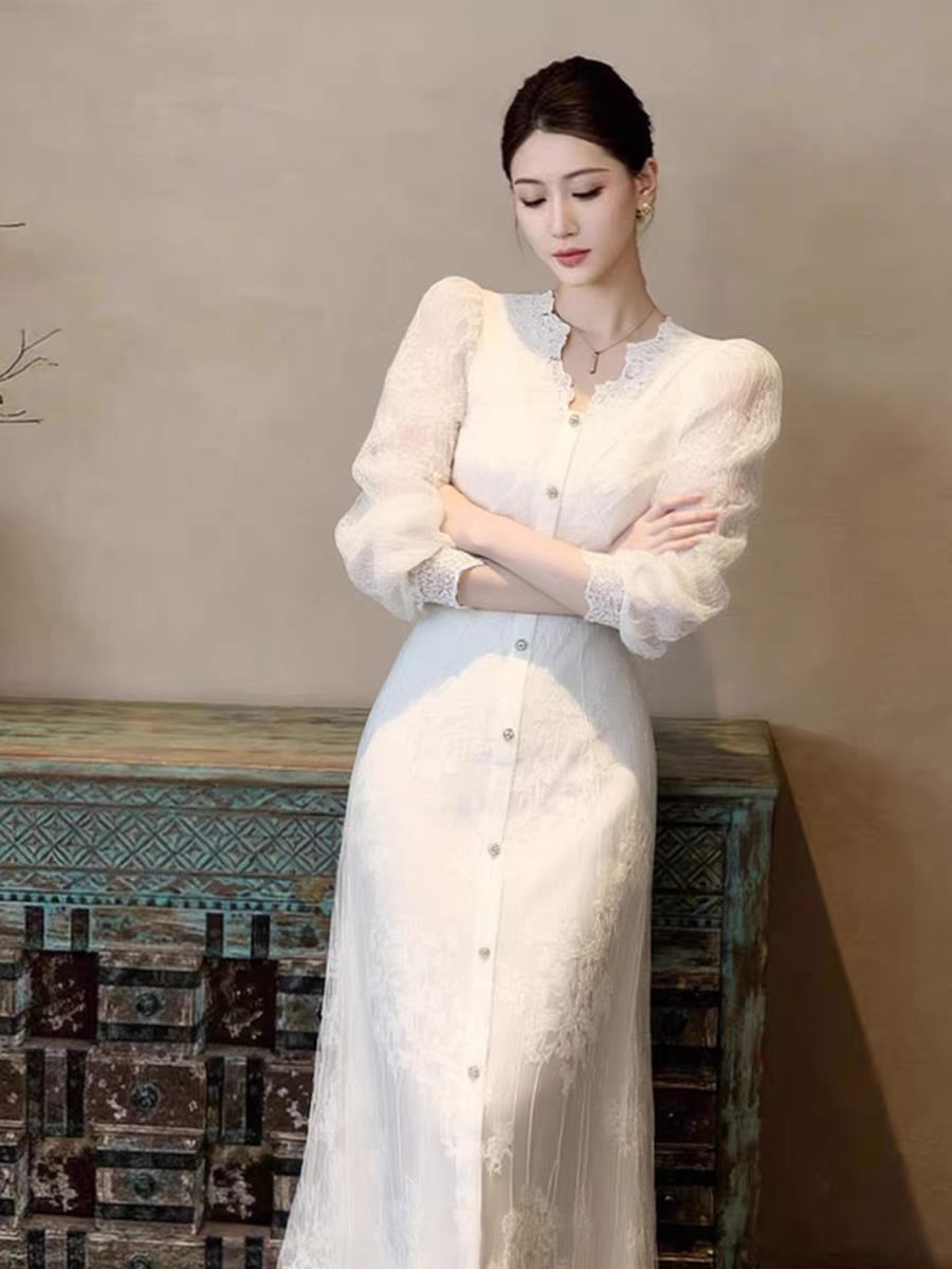 Elegant French White Lace Dress & Coat Set