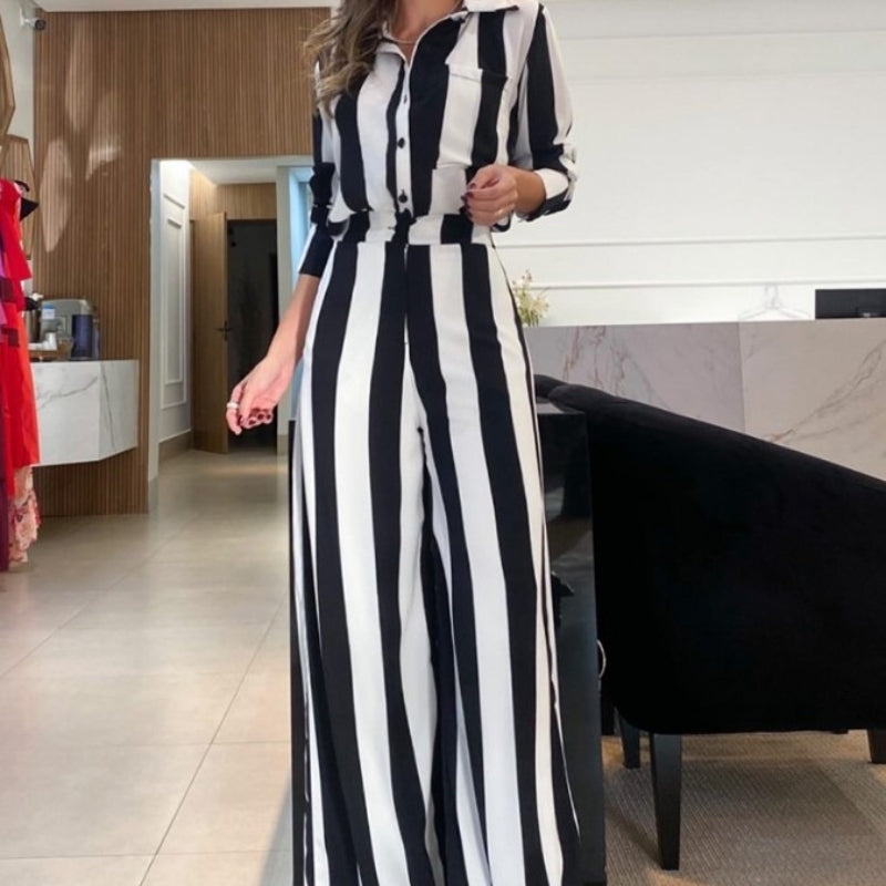 Chic Striped Button Shirt & Wide Leg Pants Set