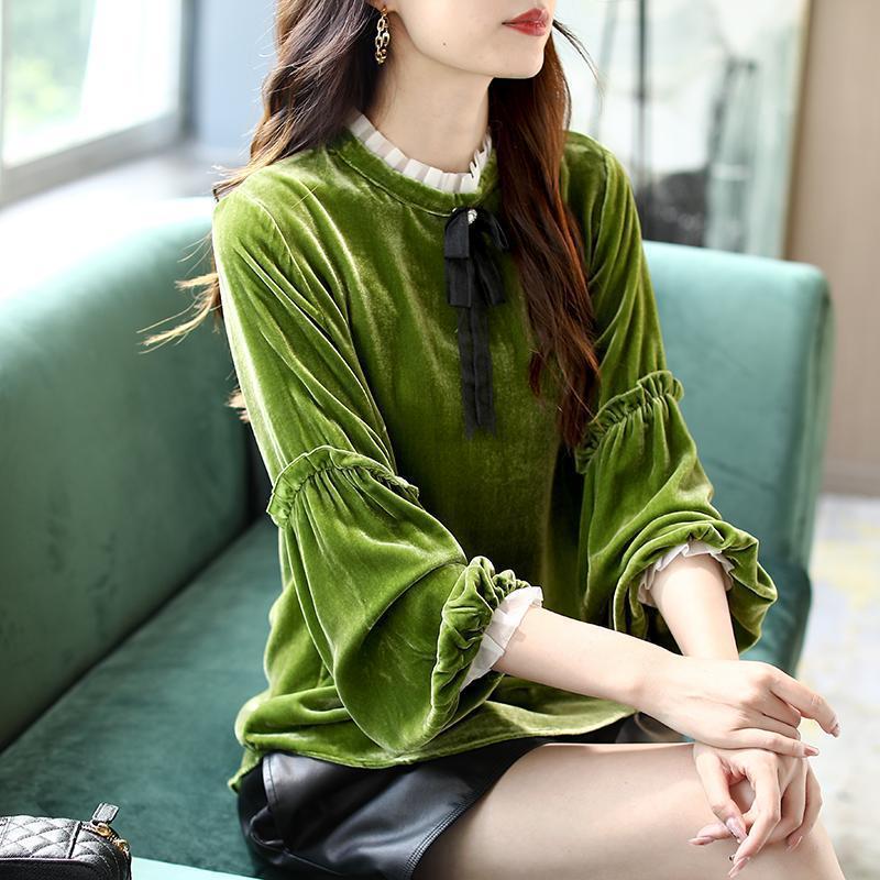 Green Pleuche Long Sleeve Lace-Up Top