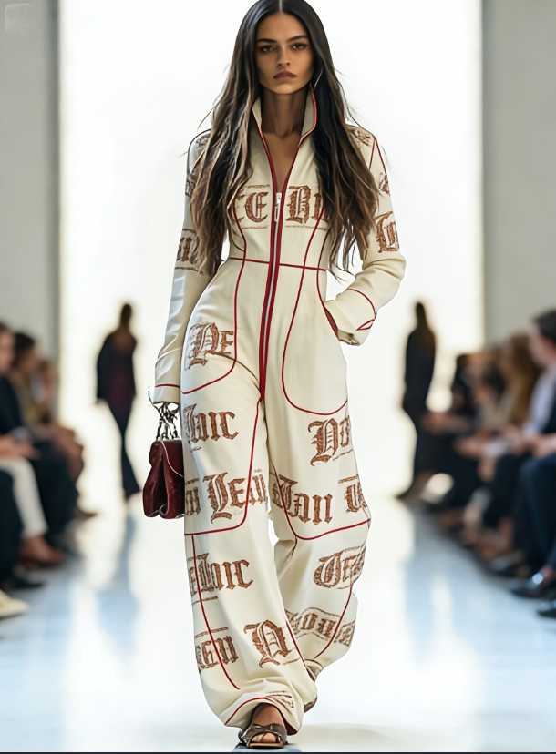 Zippered Long-Sleeve Casual Wide-Leg Jumpsuit