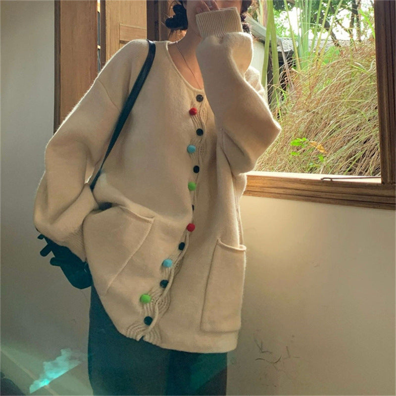Women's Retro Solid Color Wool Ball Knitted Cardigan
