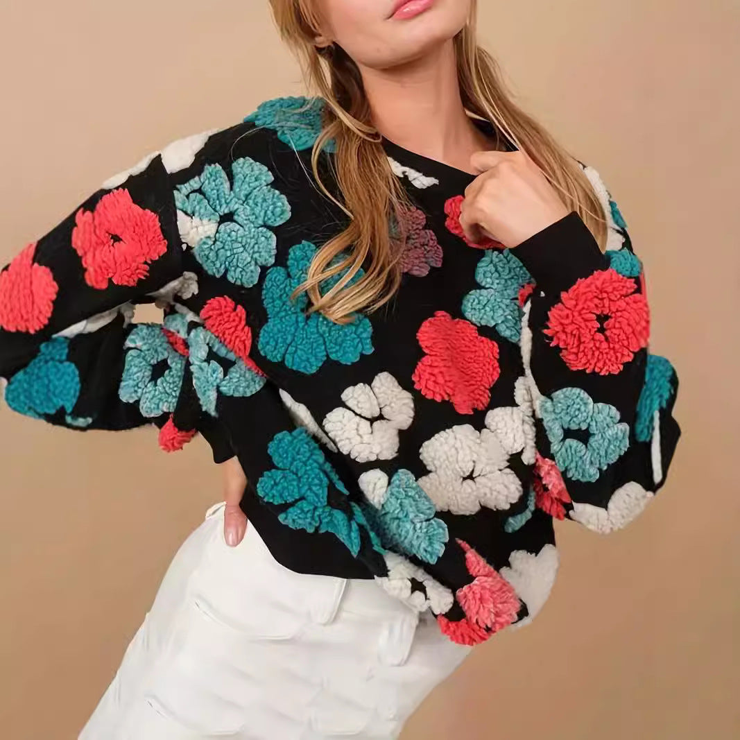 Retro 3D Floral Loose Cashmere Sweater