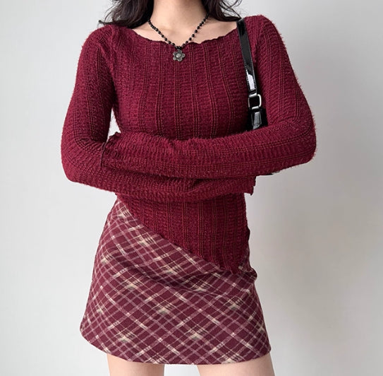Retro Red Sweater Women's Irregular Hem Slim Fit Bottoming Top