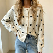 Contrast-color Polka-dot Casual Knit Sweater Womens Crew-neck Pullover Cardigan
