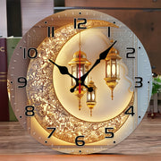 10 Inch Golden Moon Lantern Eid Backdrop Clock - European Style Silent Wall Clock with Wood Veneer, Ornate Floral Patterns & Golden Lanterns - Battery Operated (AA Not Included) - Perfect for Living Room, Study Decor, New Year, Valentine's Day Gift