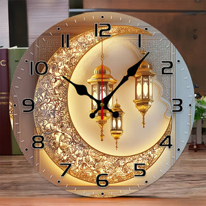 10 Inch Golden Moon Lantern Eid Backdrop Clock - European Style Silent Wall Clock with Wood Veneer, Ornate Floral Patterns & Golden Lanterns - Battery Operated (AA Not Included) - Perfect for Living Room, Study Decor, New Year, Valentine's Day Gift