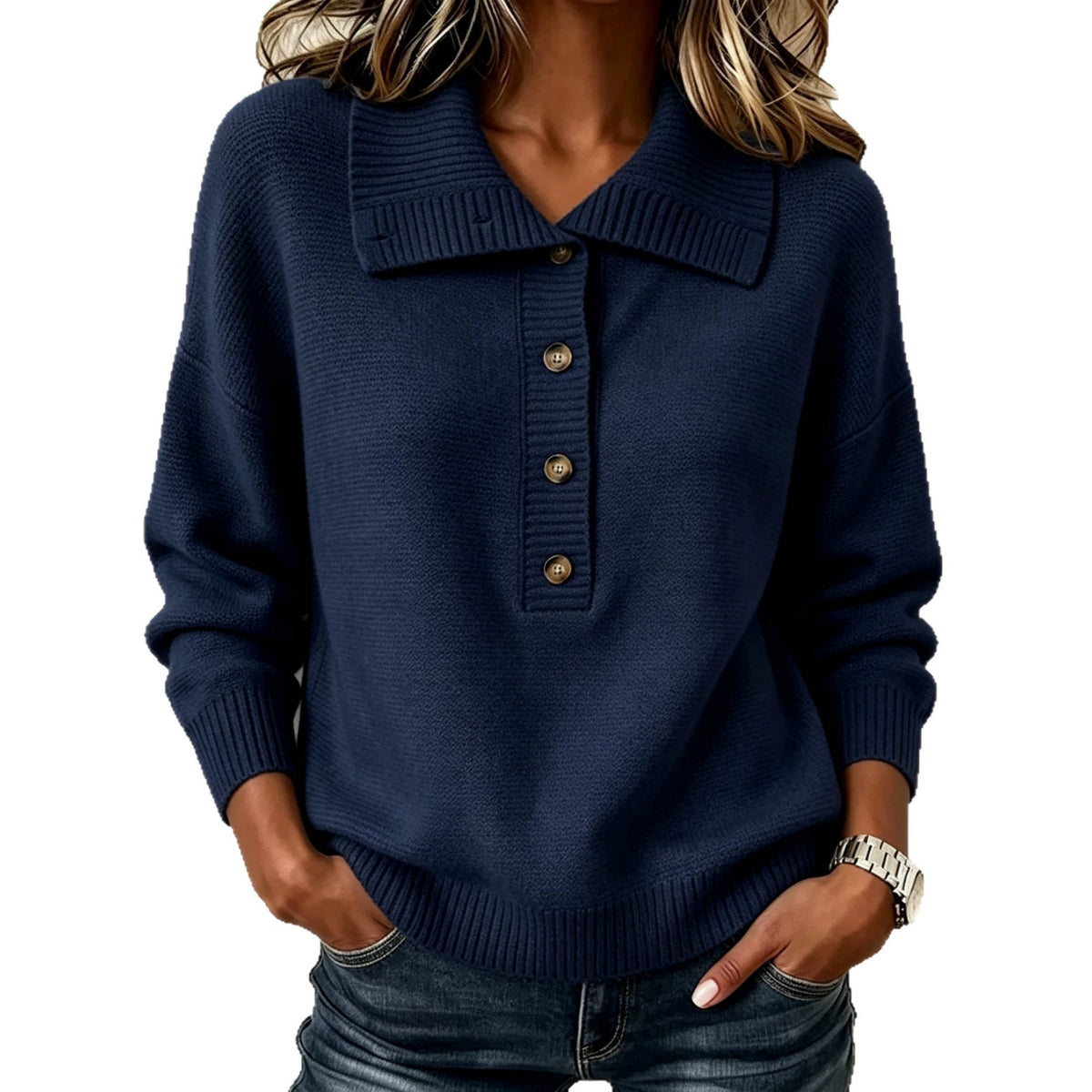 American-style Vintage-buttoned Half-zip Turtleneck Loose-fit Casual Womens Sweater