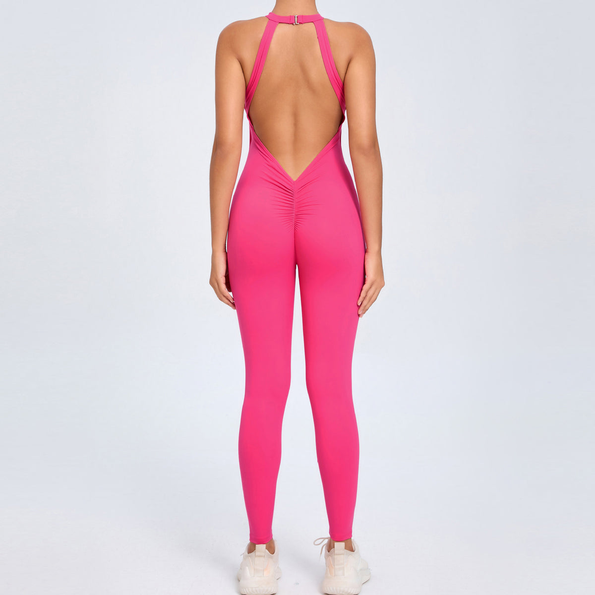 Womens Back-Clasp Yoga Bodysuit With Peach-Hip Design And Open Back