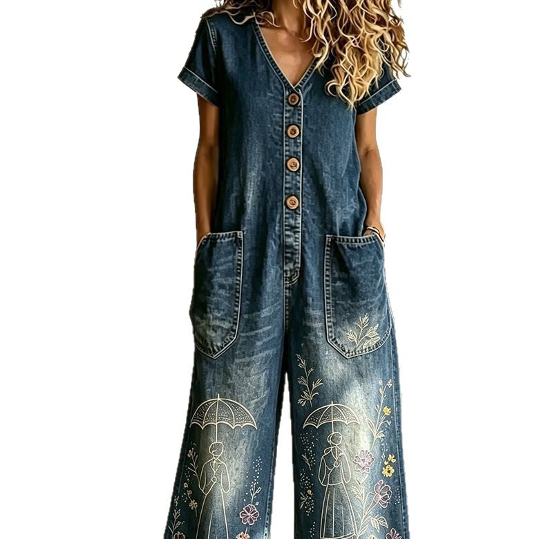 Casual Denim Wide-Leg Short Sleeve Jumpsuit with Pockets