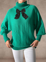 Women's Batwing Sleeve Lace Bow Patchwork Turtleneck Sweater