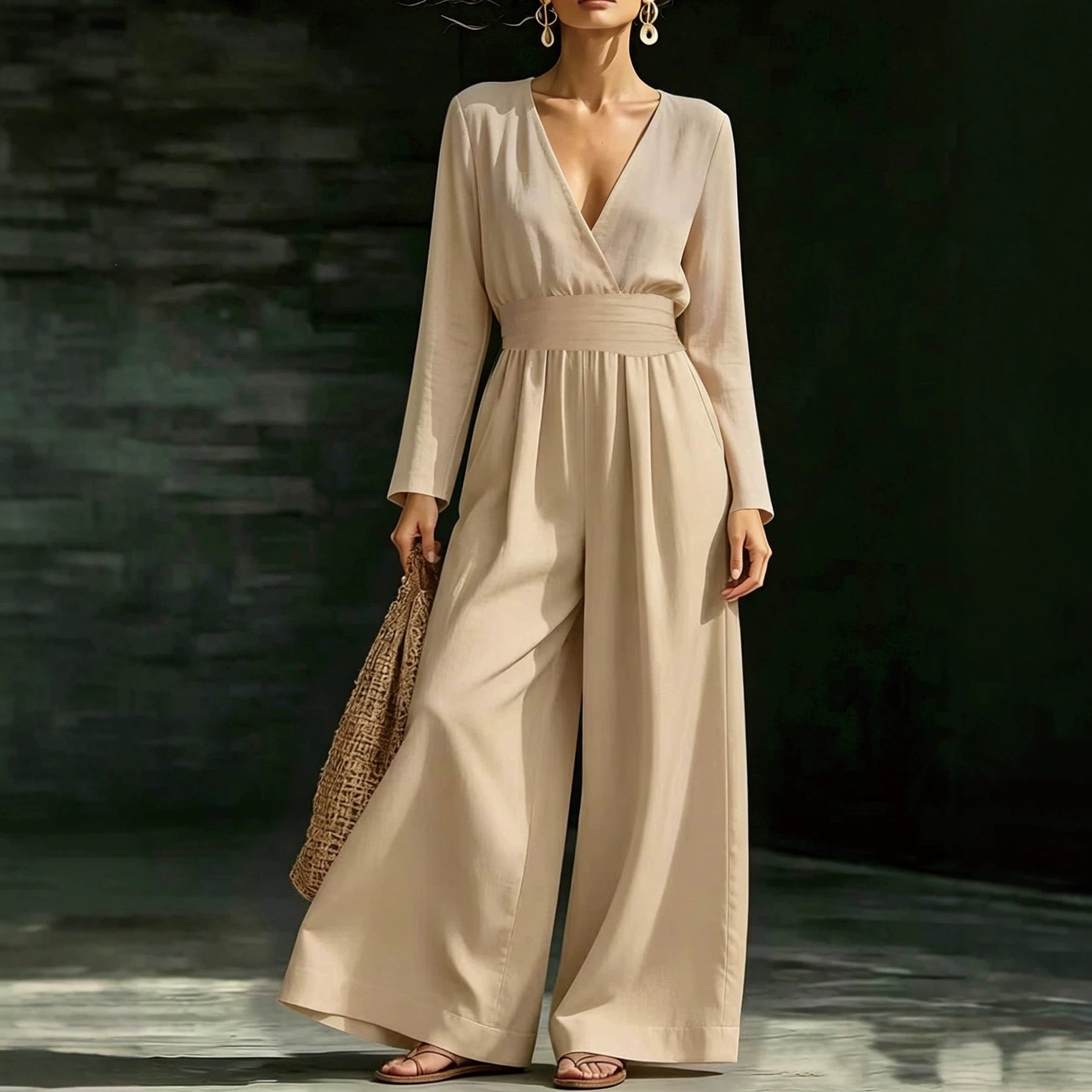 Elegant Long-Sleeve V-Neck Knit Jumpsuit for Women