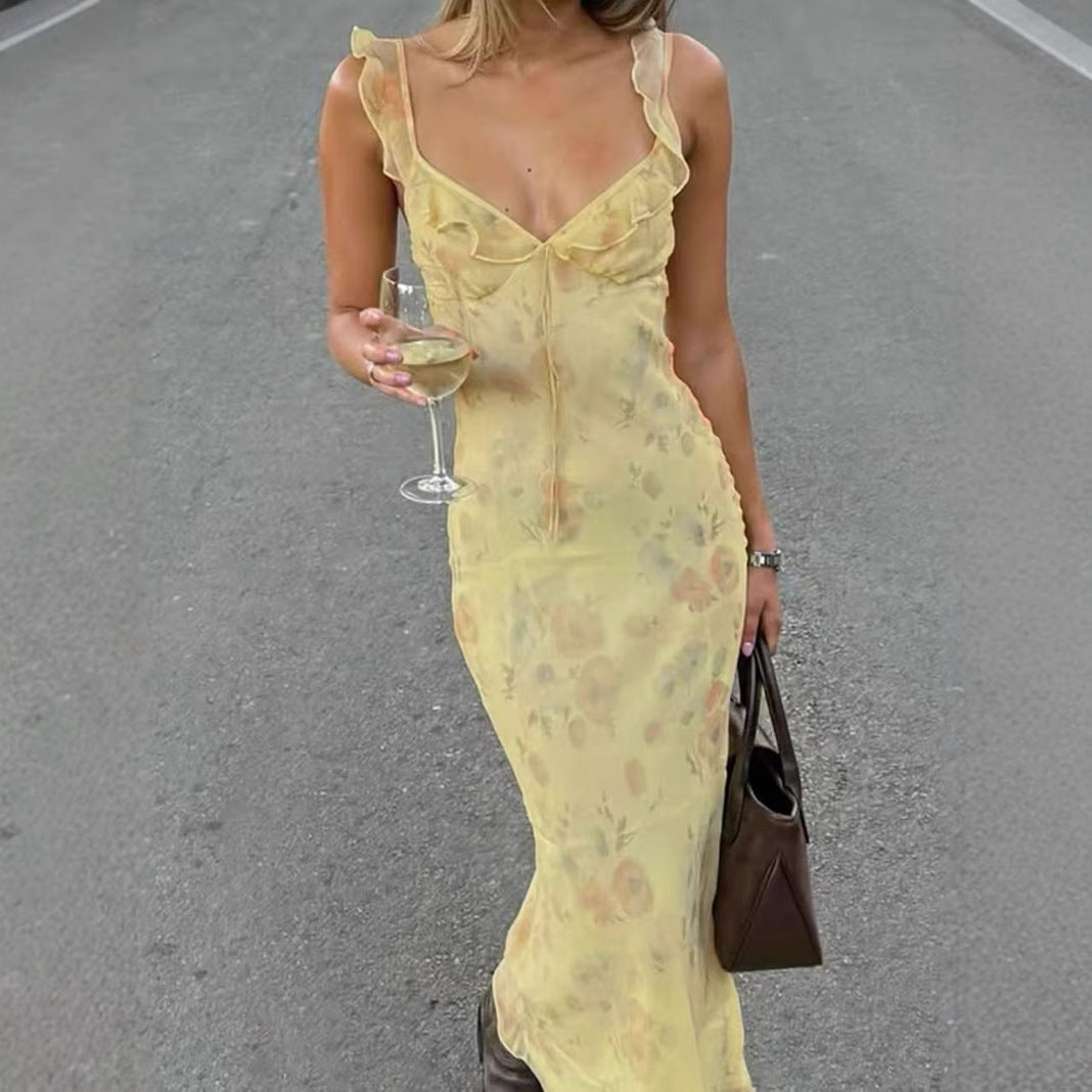 Vacation Style Vintage Printed Slim Strap Dress