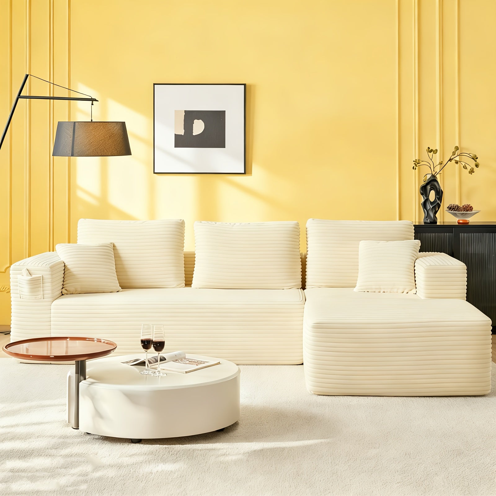 Modular L-shaped chaise longue sofa bed with deep seat and corduroy upholstery