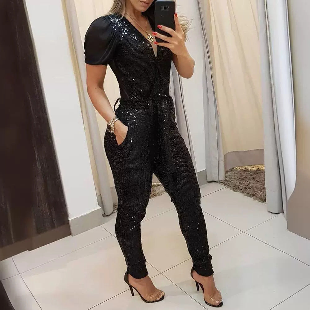 Glitter V-Neck Short Sleeve Black Sequin Jumpsuit