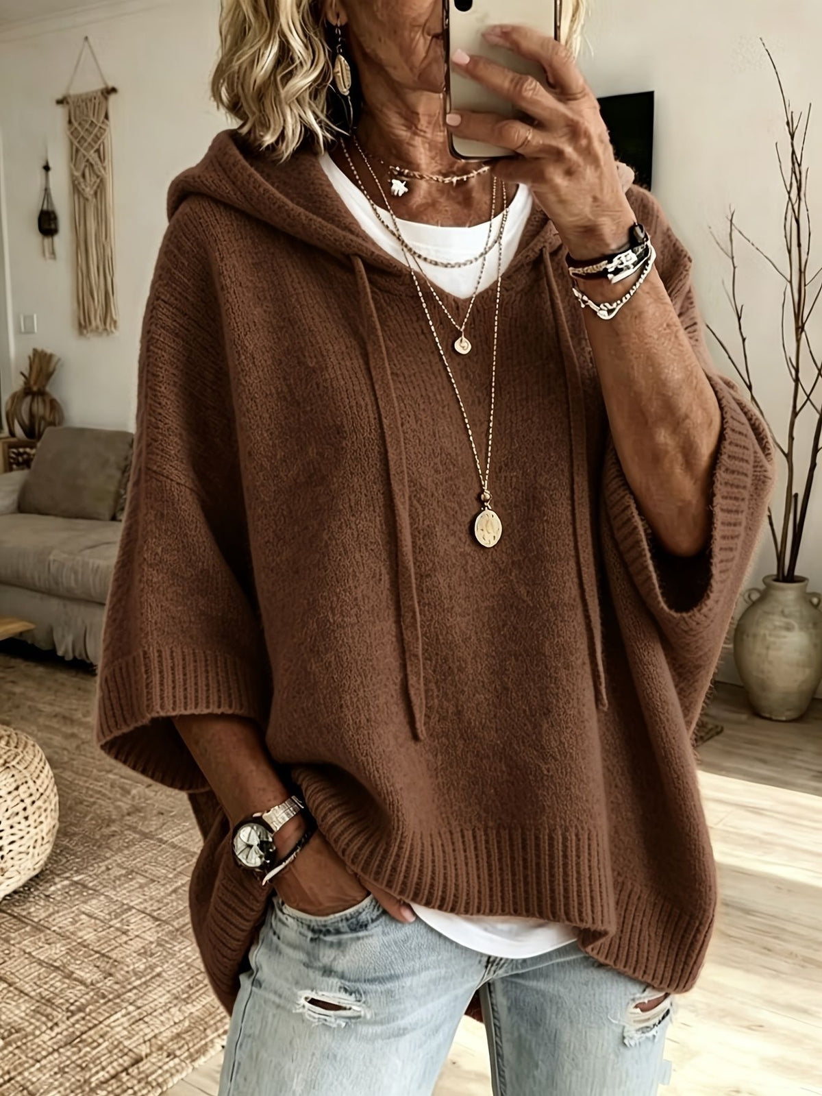 Womens Knitted New-style Hooded Drawstring Sweater