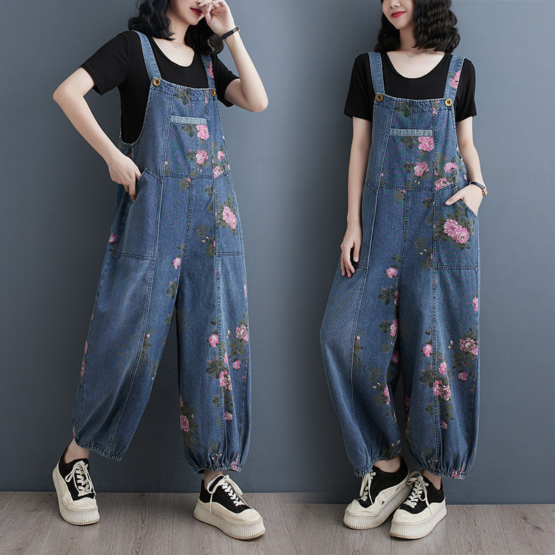 Denim Suspender Pants Straight Ankle-Tied Jumpsuit