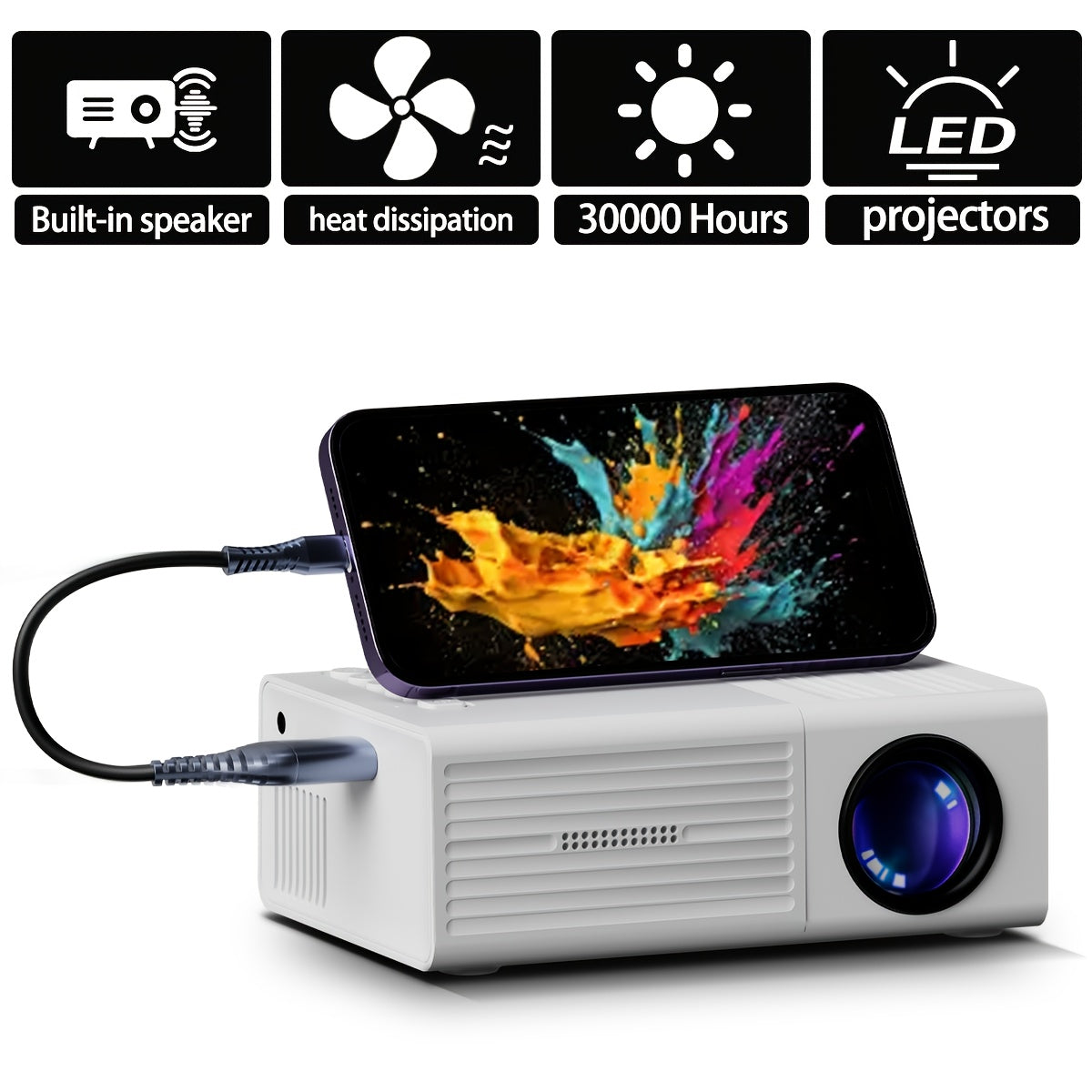 Portable 1080P Projector with Big Screen Display, USB Connection, and Remote Control